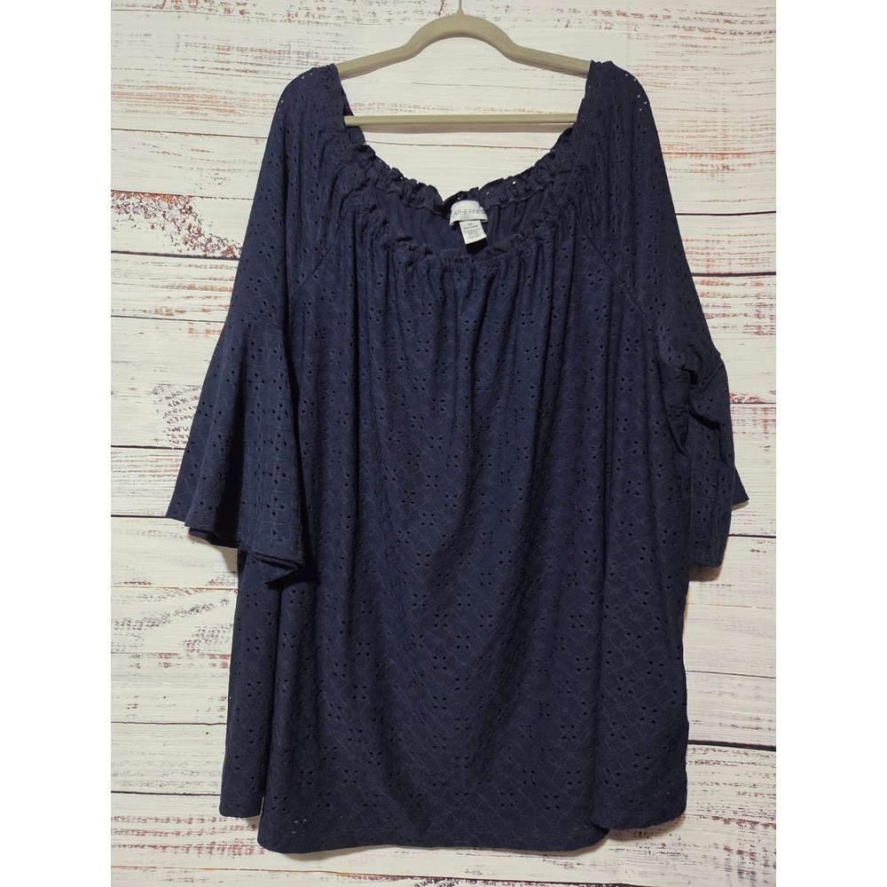 Catherines Navy Blue Eyelet Bell Sleeve Top Plus Size 2X 22/24W Scoop Blouse
